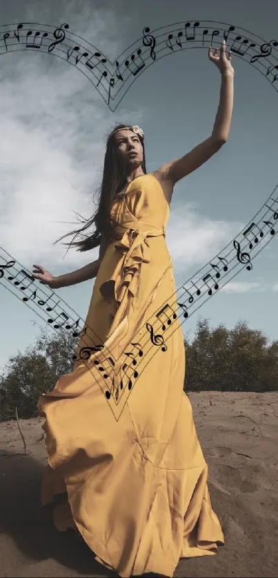 Woman in a yellow dress with a heart of musical notes in a desert setting.