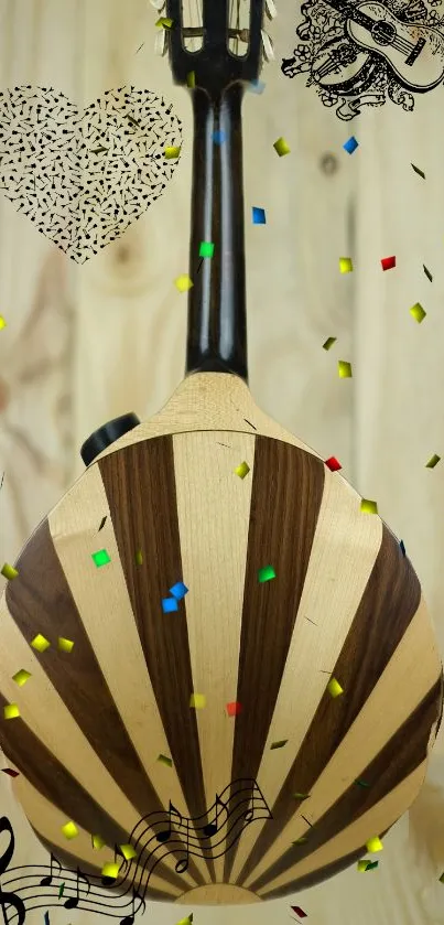 Elegant musical instrument with a wooden background and colorful confetti.