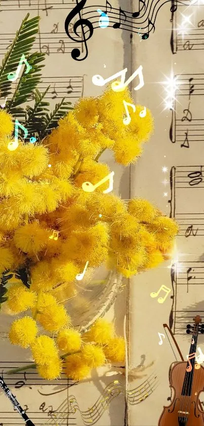 Yellow flowers on sheet music create an artistic phone wallpaper.