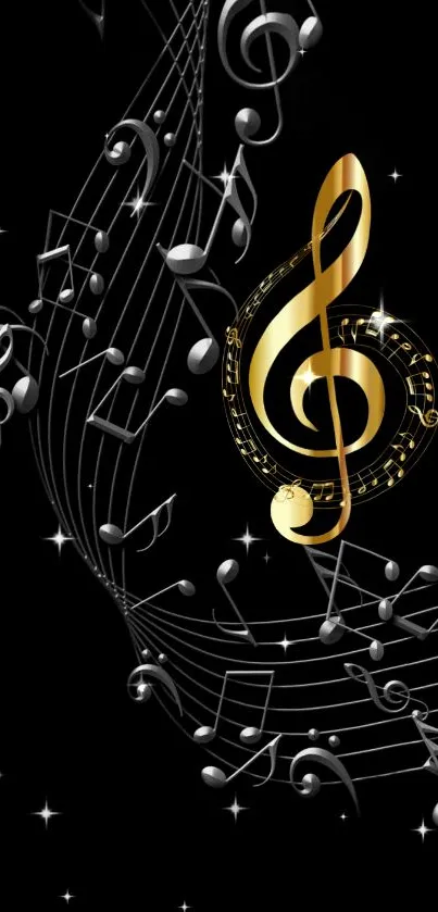 Mobile wallpaper with golden musical notes on a black background.