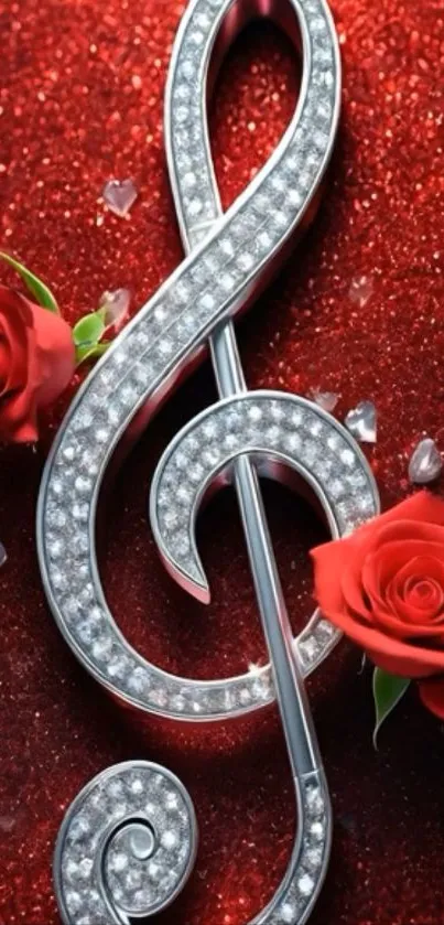 Sparkling treble clef with red roses on vibrant red background.