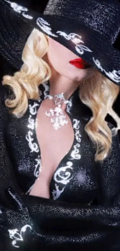Mysterious blonde in elegant black attire with stylish hat and red lips.