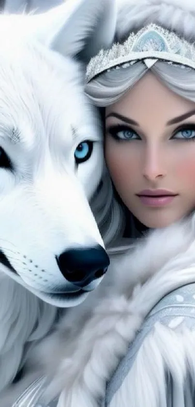 Mystic white wolf with elegant fantasy character in mobile wallpaper.