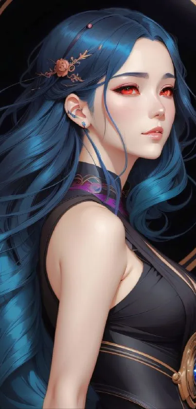 Mystical anime character with blue hair in elegant artistic design.