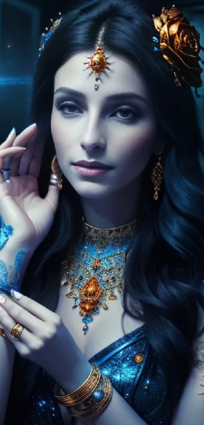 Mystical woman with intricate jewelry and celestial blue background.