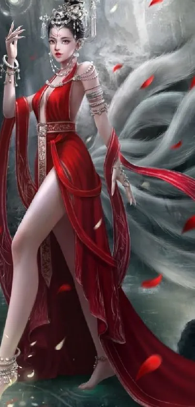 Mythical goddess in red attire on a mystical background mobile wallpaper.