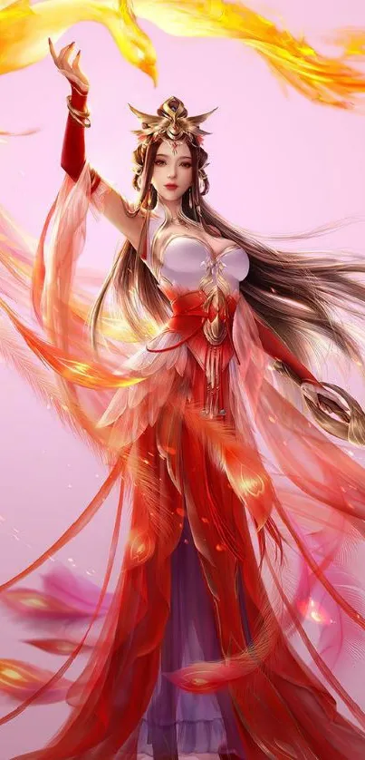 Elegant woman with a phoenix in vibrant fantasy art.