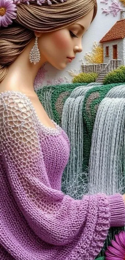 Elegant woman in a lavender knitted dress with waterfall background.