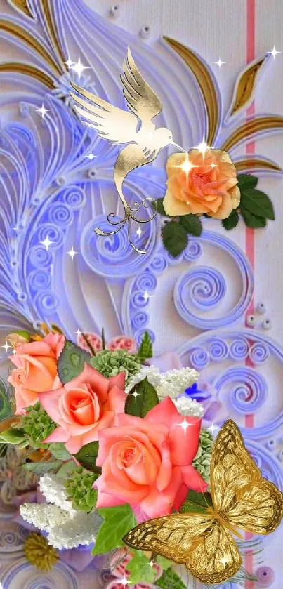 Elegant wallpaper with roses, bird, and butterfly on abstract background.