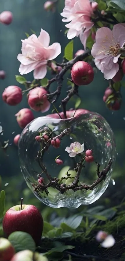 Elegant nature inspired wallpaper with pink blossoms and apples.