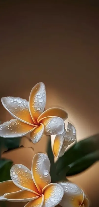 Elegant plumeria flowers with dew on a soft ochre background.