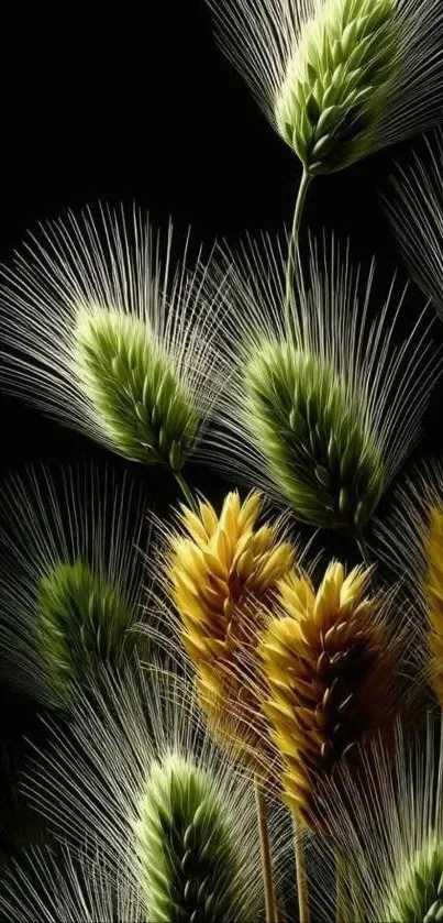 Abstract elegant grass art in green and gold tones on black background.