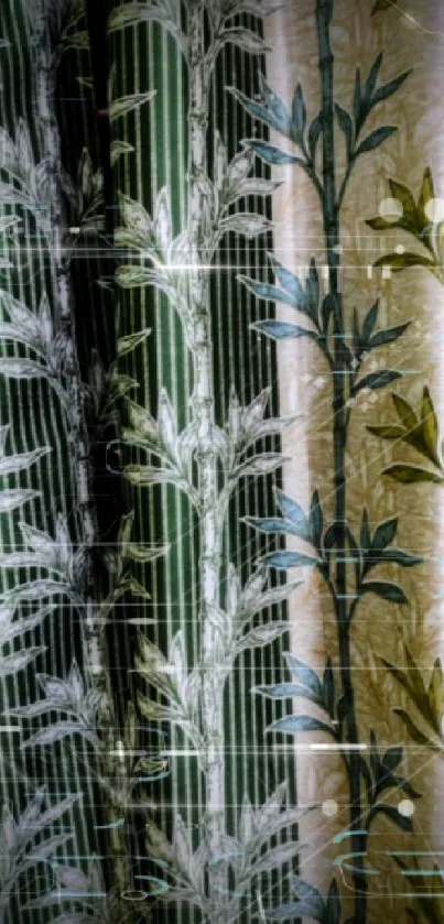 Nature-inspired phone wallpaper with green and beige plant patterns.