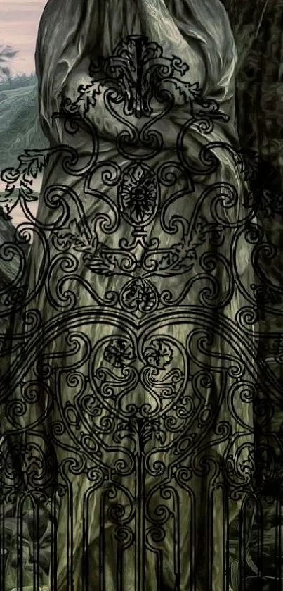 Intricate black ironwork with forest backdrop, elegant and nature-inspired wallpaper.