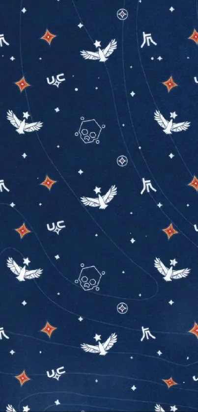 Navy blue wallpaper with white birds and star motifs.