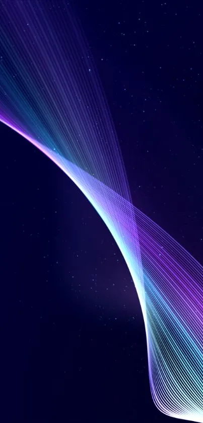 Mobile wallpaper with neon abstract light waves on a dark blue starry background.