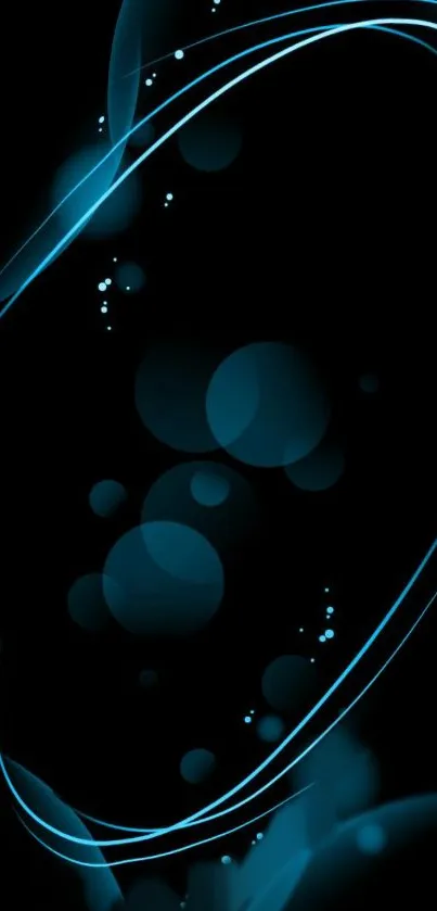 Elegant neon blue abstract vortex with swirls and circles on a black background.