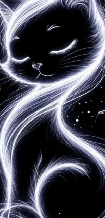 Neon cat with glowing lines in a cosmic backdrop.