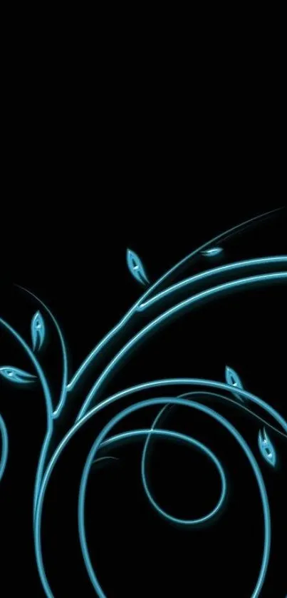 Elegant neon blue floral design on black background for phone wallpaper.