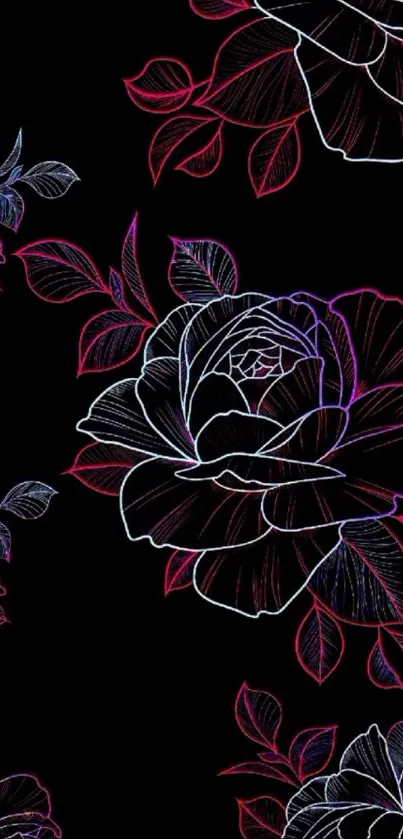 Neon floral pattern on black background