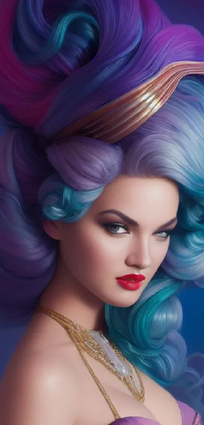 Mobile wallpaper featuring a woman with elegant, vibrant purple and blue hair.