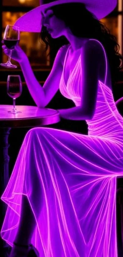 Stylish woman in neon purple dress and hat sitting elegantly.