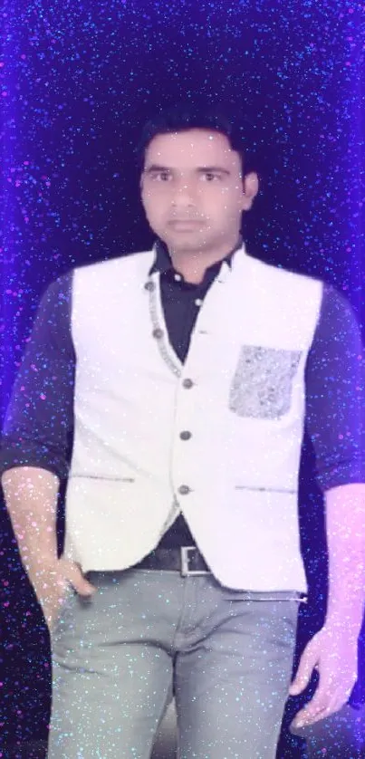 Man in stylish outfit with neon blue and purple starlit background