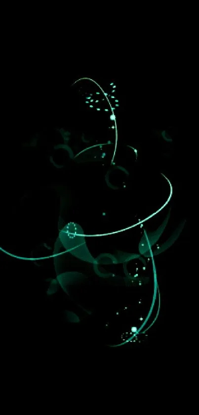 Abstract neon swirl mobile wallpaper on black background.