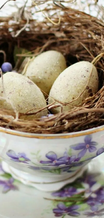 Delicate bird's nest in floral teacup with eggs.