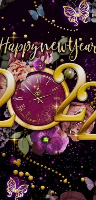 Happy New Year 2022 wallpaper with clock and vibrant flowers.