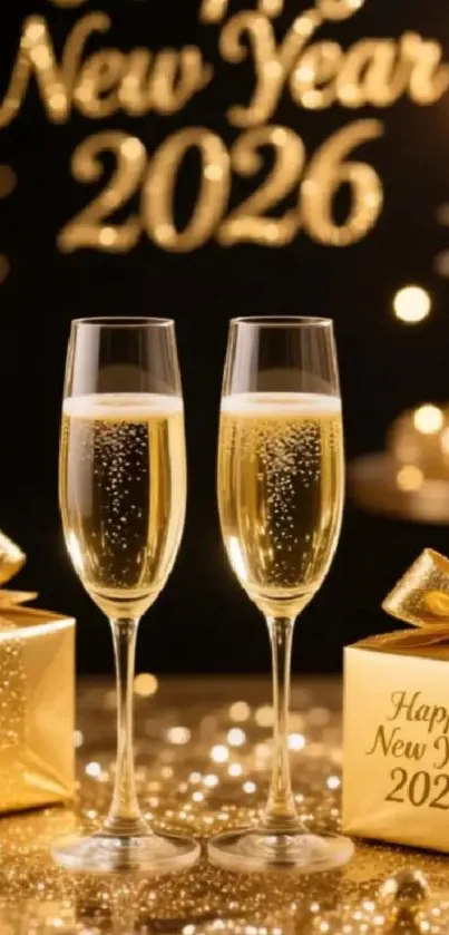 New Year 2026 celebration with champagne glasses and golden decor.