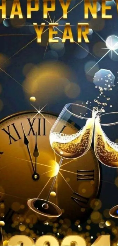 New Year wallpaper with clock and champagne.