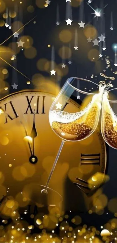 Elegant New Year wallpaper with gold clock and champagne glasses.