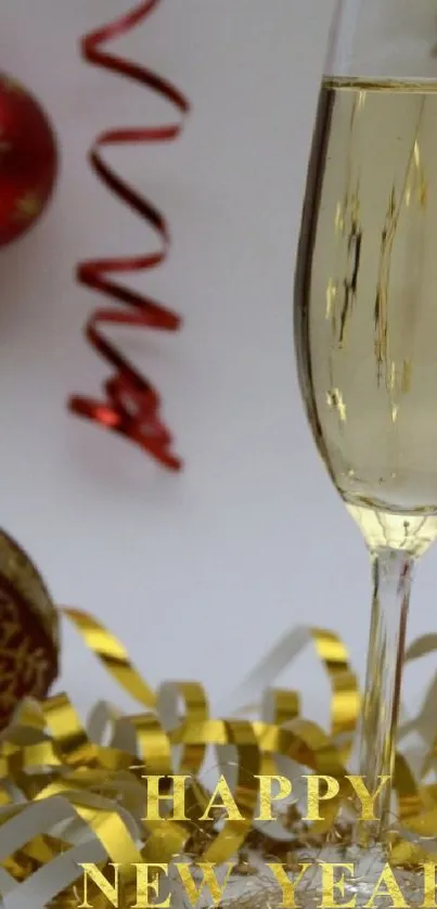 Elegant New Year wallpaper with champagne glass and festive decorations.