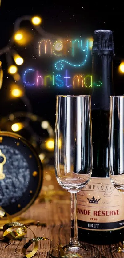 Champagne bottle with glasses and clock on festive New Year background.