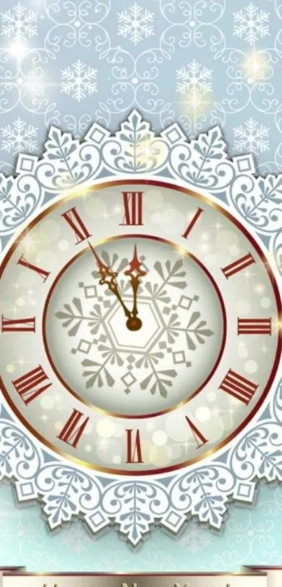 Intricate New Year clock wallpaper with snowflake design.