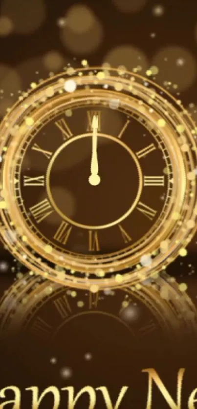 Golden clock with New Year text and bokeh effect on dark background.