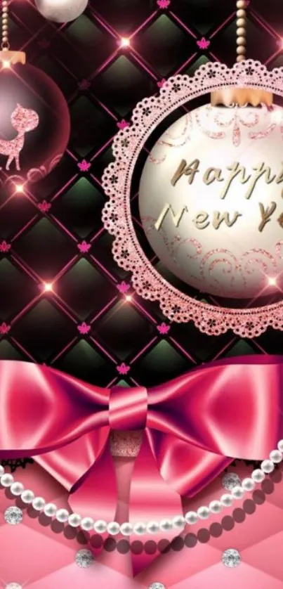 Elegant pink New Year mobile wallpaper with ornaments.