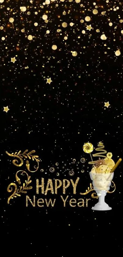 Black and gold New Year wallpaper with stars.