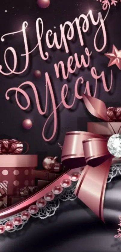 Elegant New Year mobile wallpaper with pink tones and festive ribbons.