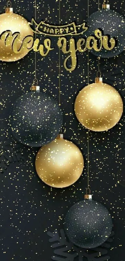 Elegant New Year wallpaper with golden and black ornaments.