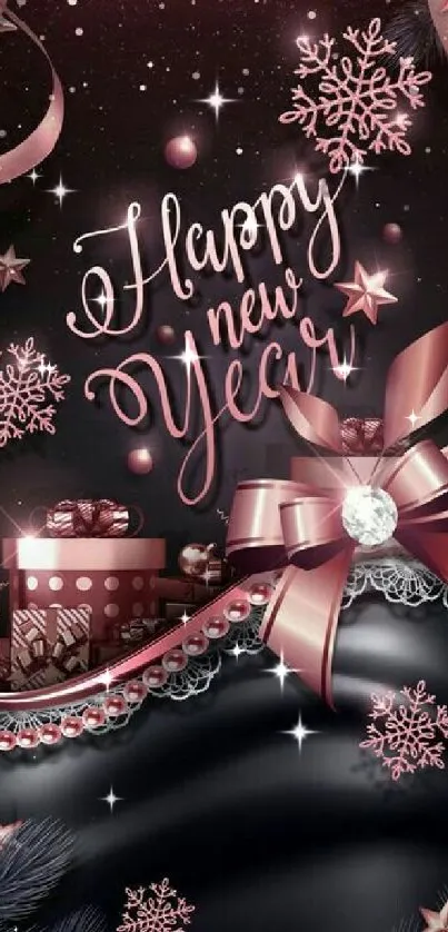 Festive New Year wallpaper with pink decorations and elegant ribbons.