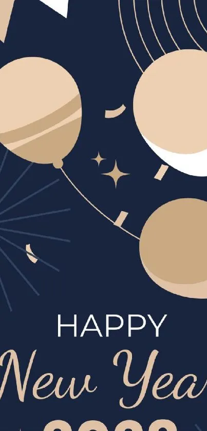 Elegant New Year 2023 wallpaper with gold balloons and navy background.