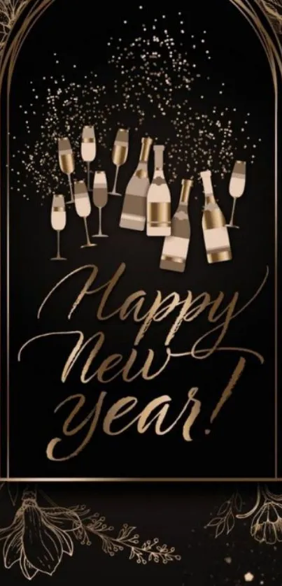 Elegant New Year wallpaper with champagne bottles in black and gold theme.