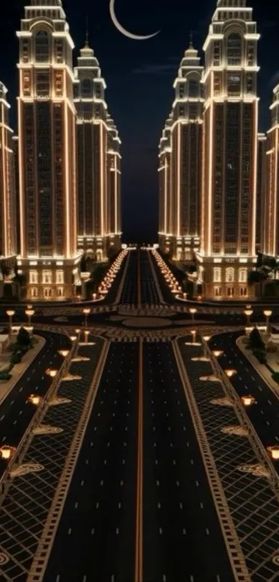 Night cityscape with illuminated skyscrapers and crescent moon.