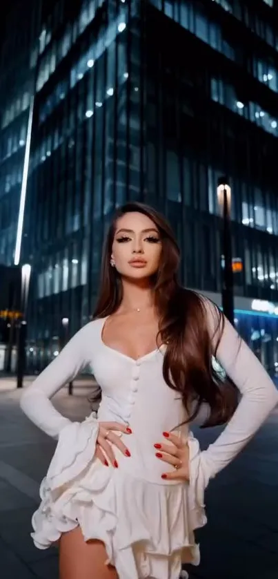 Elegant woman in white dress at night cityscape