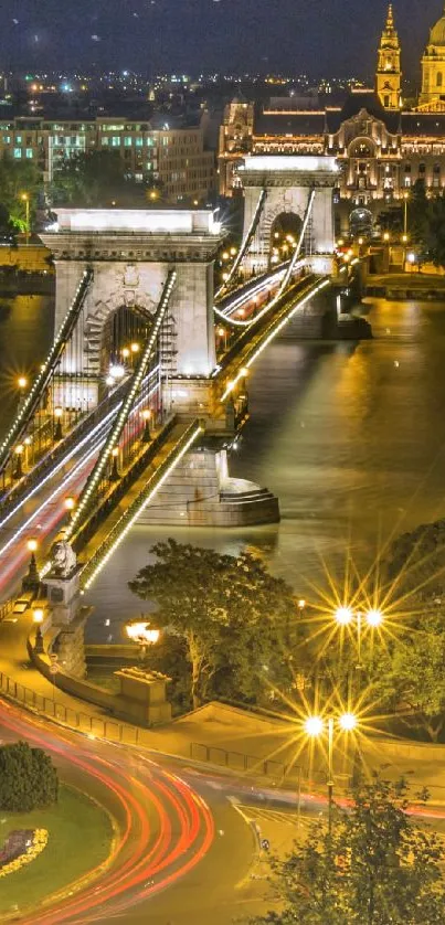 Night cityscape with illuminated bridge and glowing lights.