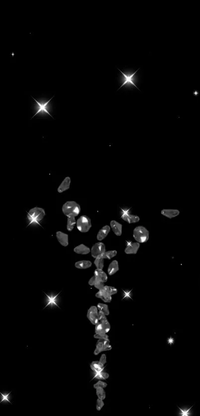 Mobile wallpaper with sparkling diamonds and stars on a black background.