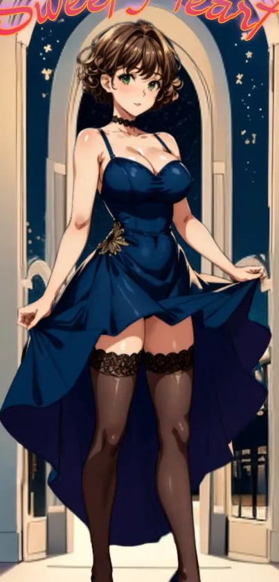 Anime character in elegant navy dress at night.