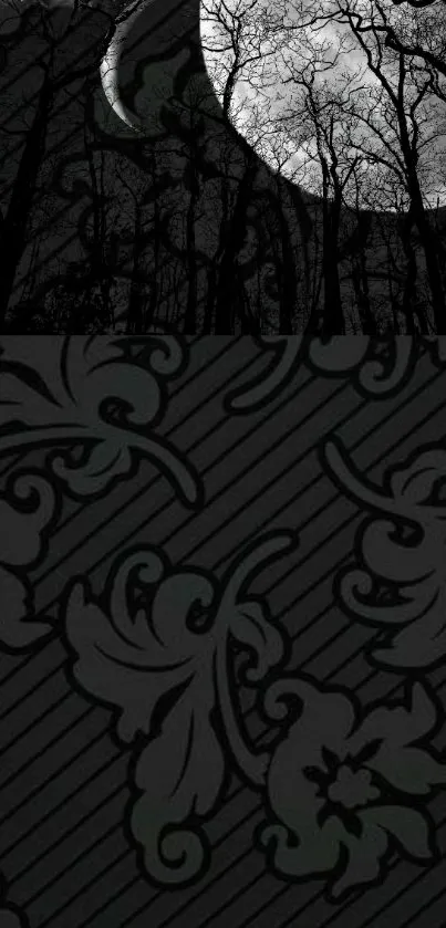 Dark gray wallpaper with moonlit trees and ornate patterns.